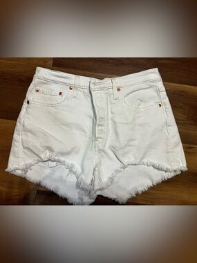 Levi's White Frayed Hem High-Rise Denim Shorts